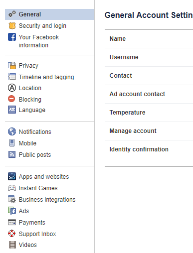 Facebook General Settings